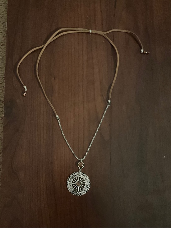 Jewelry - Delicate Silver Medallion Pendant Necklace with Tan Suede Cord